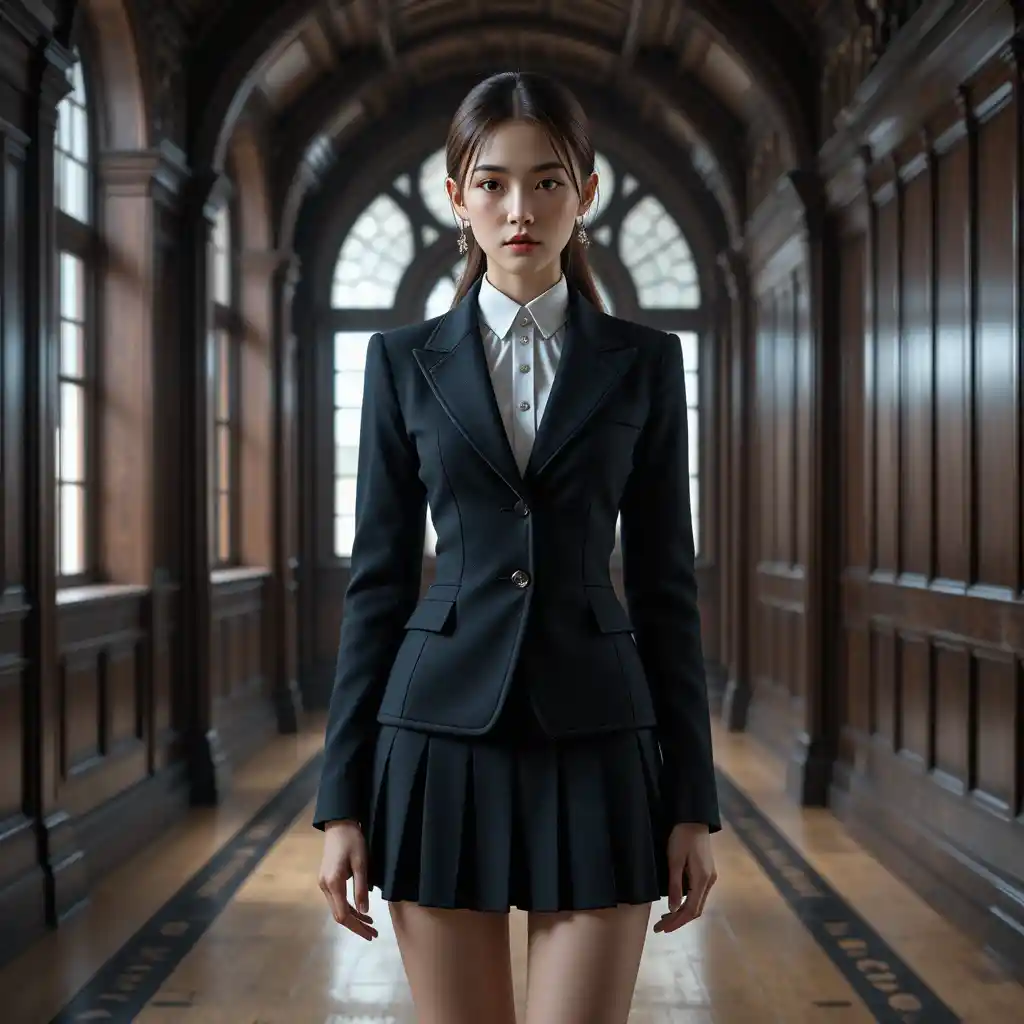Stoic Korean student in dark academia college hallway
