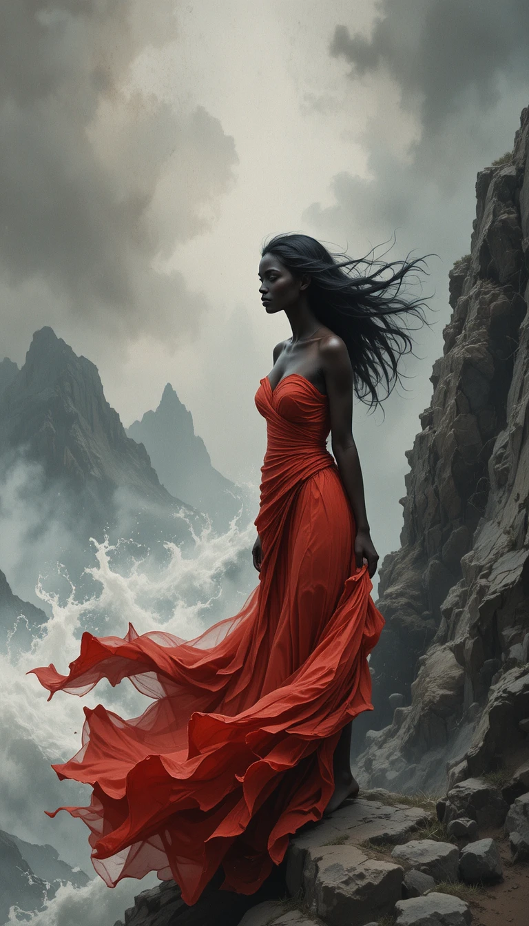 Woman in crimson dress standing on a windswept cliff edge