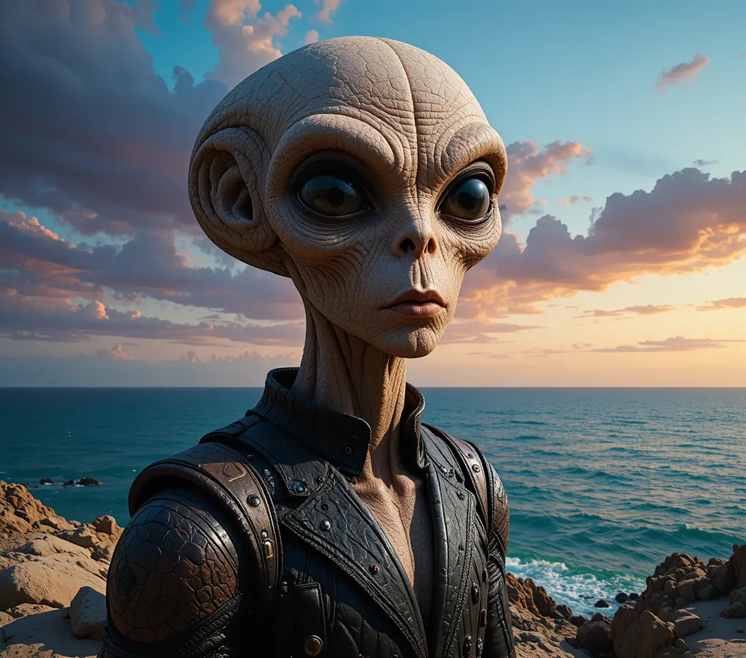 Cinematic close up of humanoid profile rock by the sea