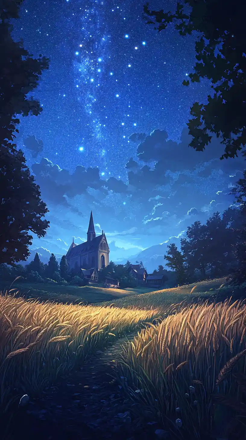 Moonlit cathedral above a quiet night wheat field