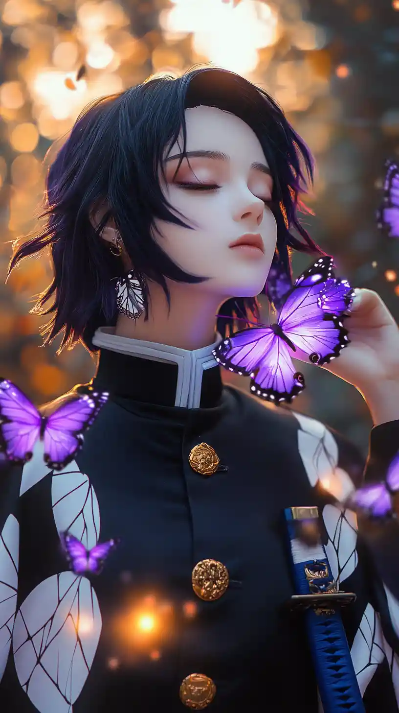 Serene anime girl with glowing butterflies in forest light