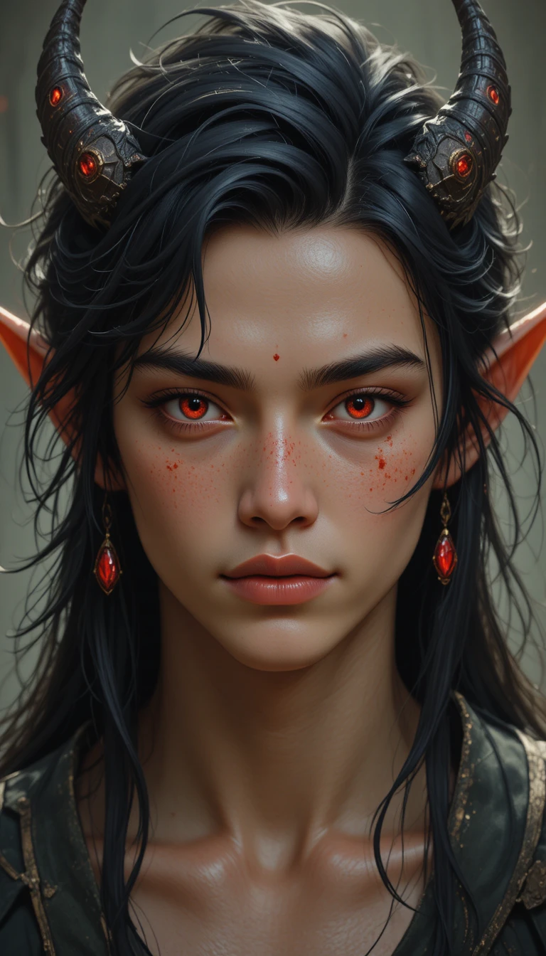 Half elf half demon man with dark hair and horns