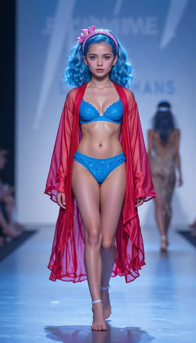 Young girl on summer runway in blue lingerie and robe