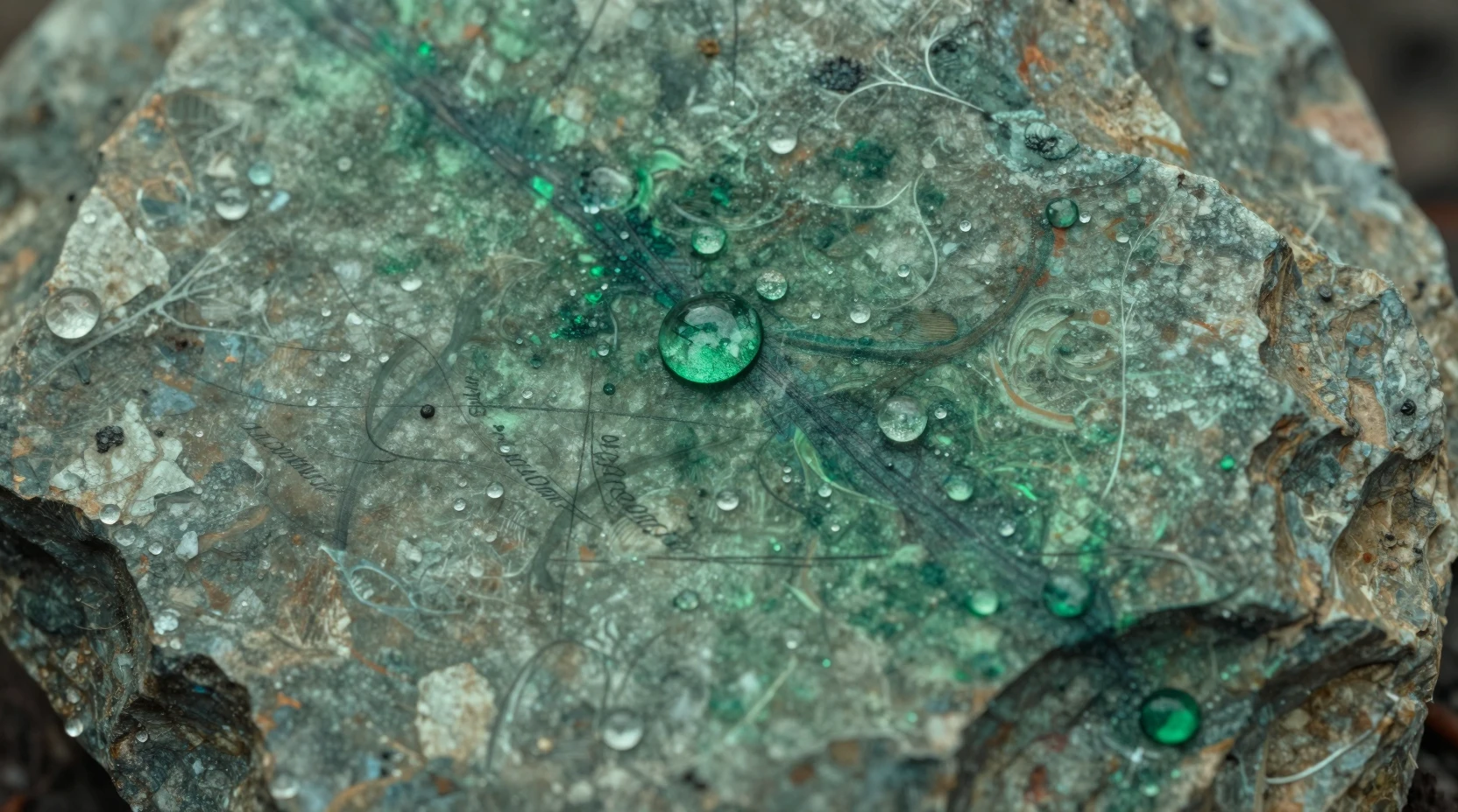 Close up of green mineral stain and emerald drop on rock