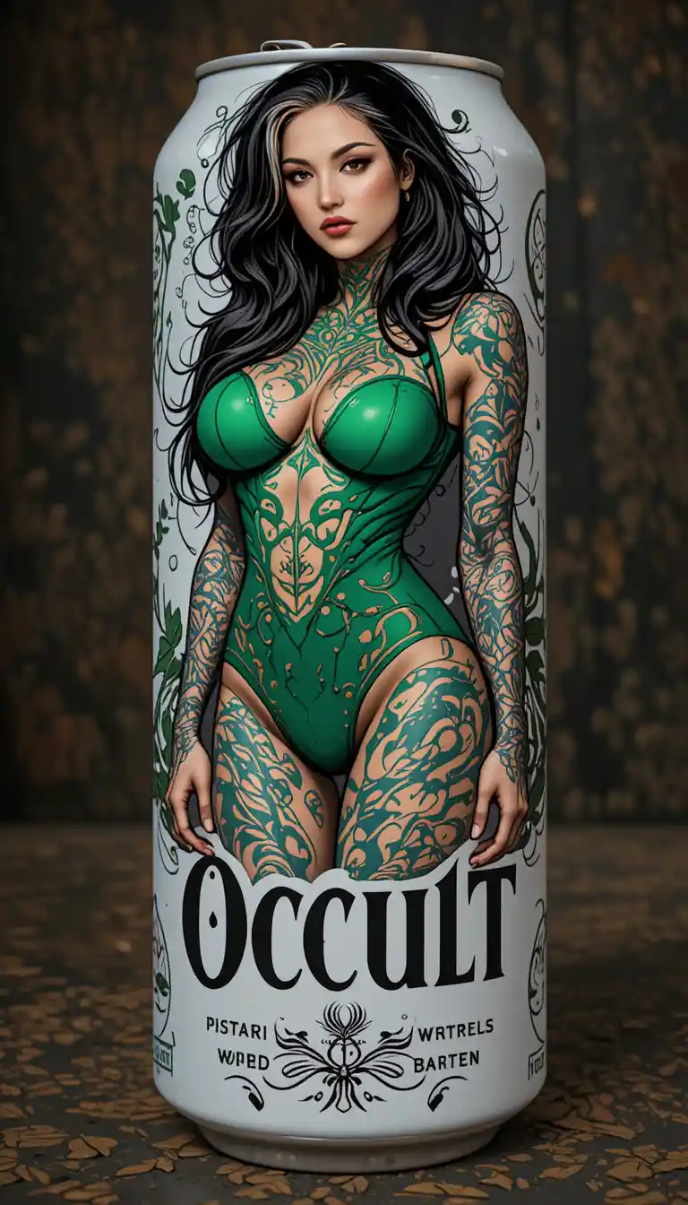 Tattooed woman mascot in green bodysuit on occult beer can
