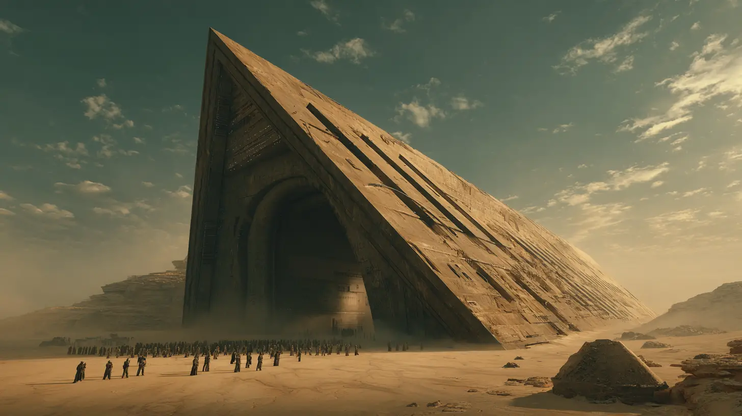 Gigantic sci fi hangar with towering dark structures