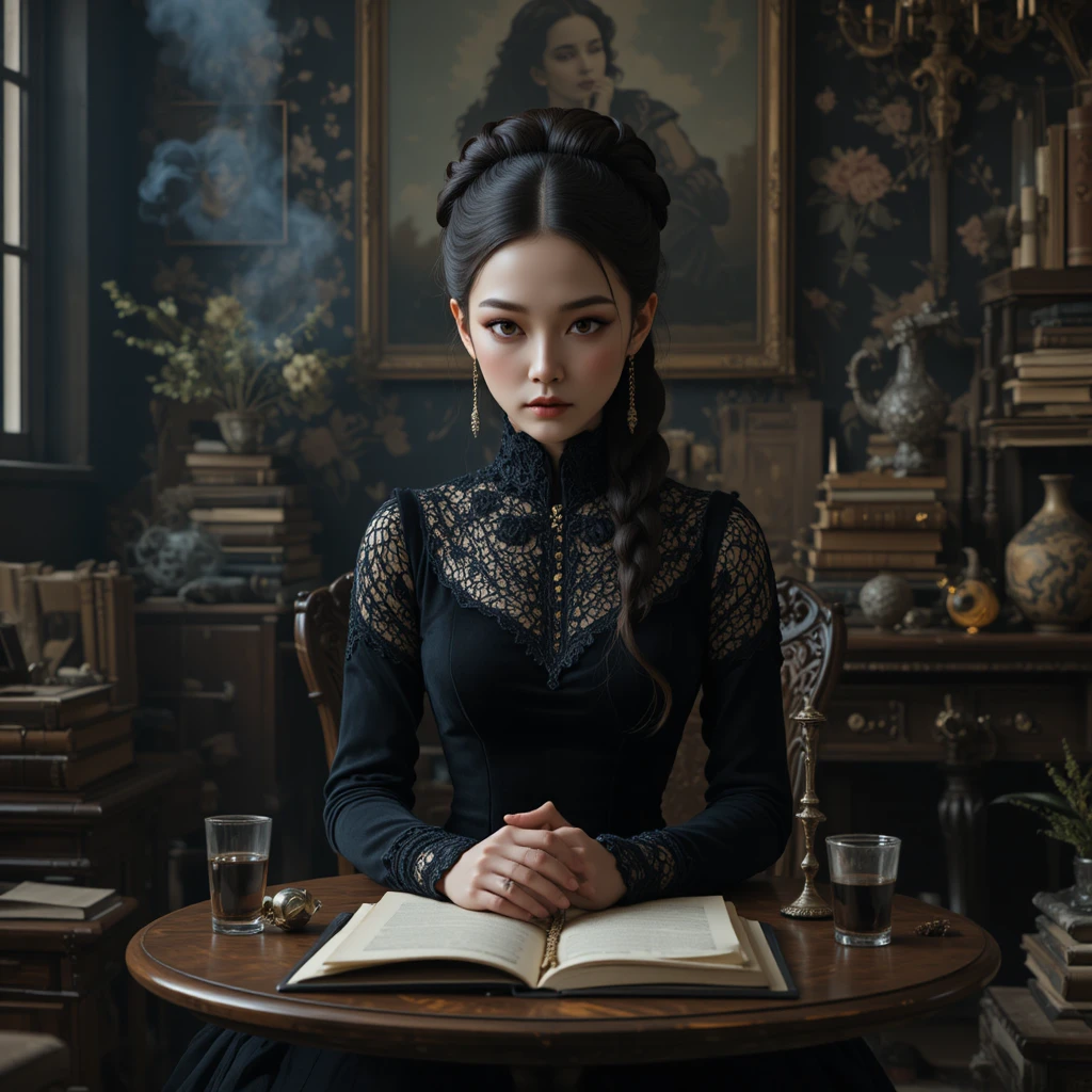 Victorian seer in a dark cluttered séance parlor
