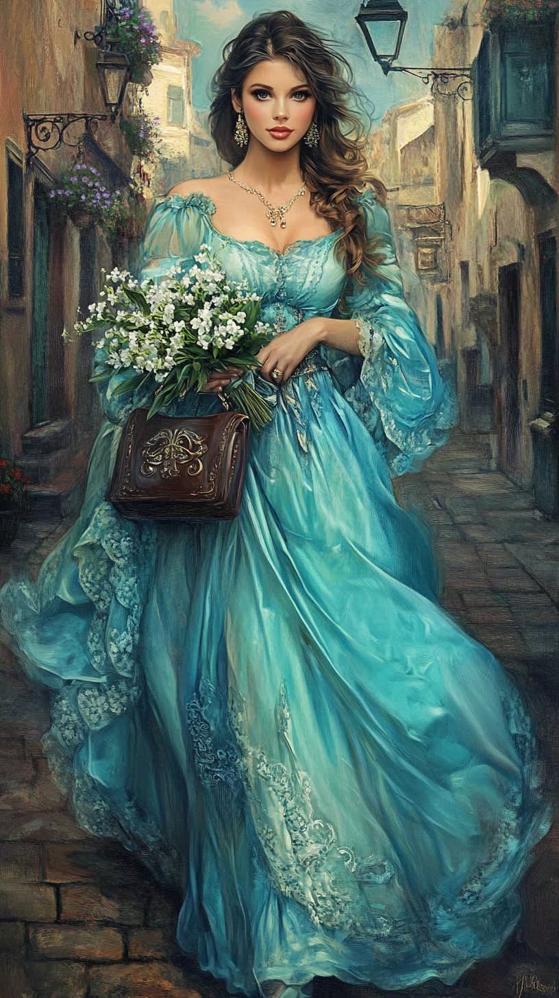 Elegant woman in teal gown on an antique european street