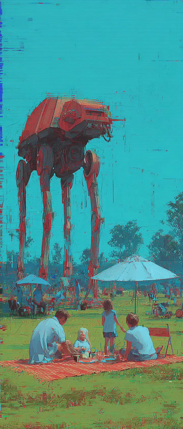 Swedish family picnic beside dormant mech under distorted sky