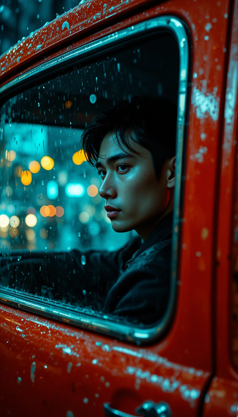 Young man in a rainy night taxi with cinematic lighting