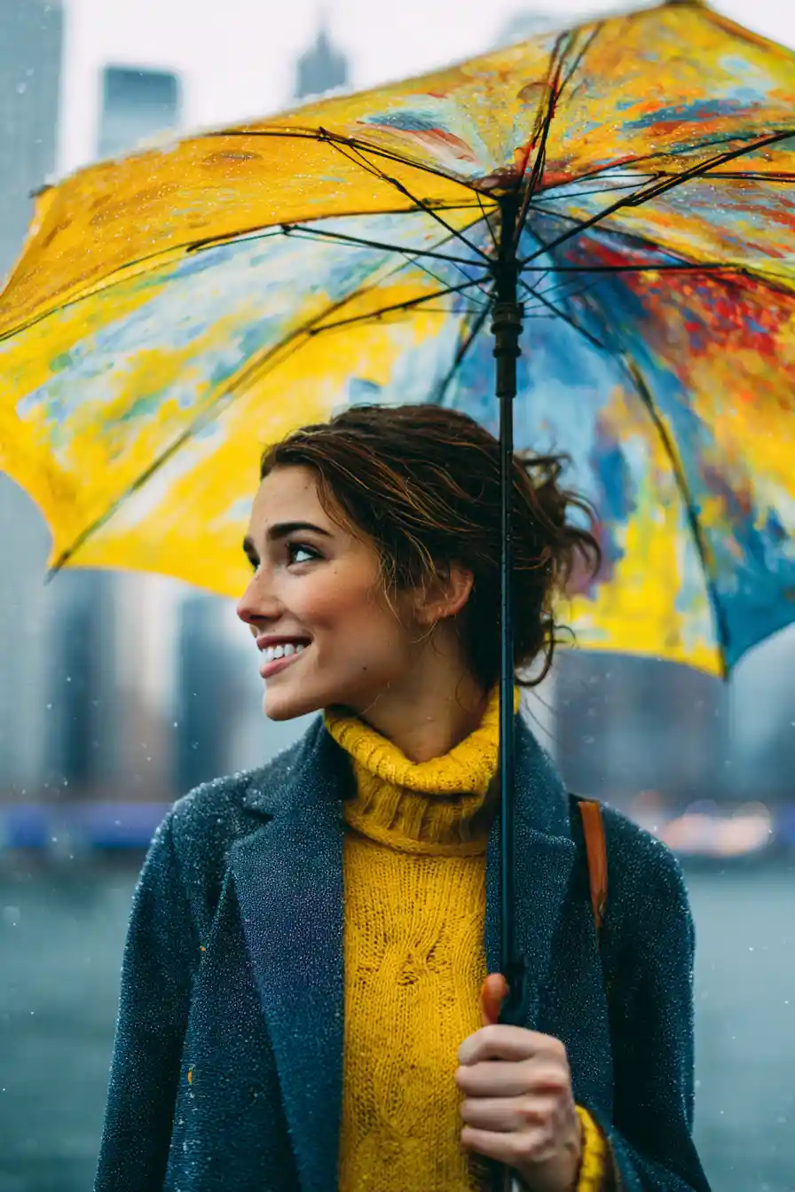 Woman under colorful umbrella on rainy city street