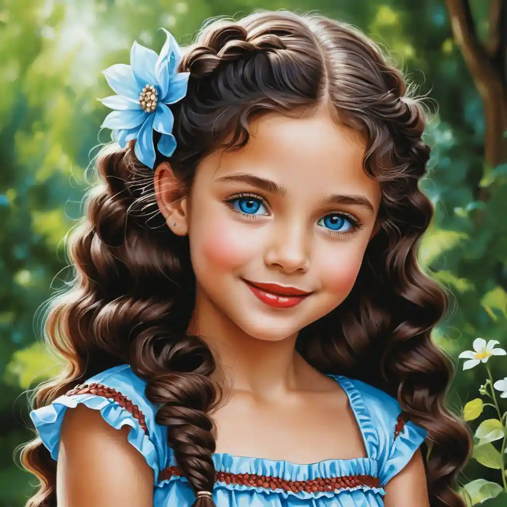 Smiling girl with curly black hair in summer dress