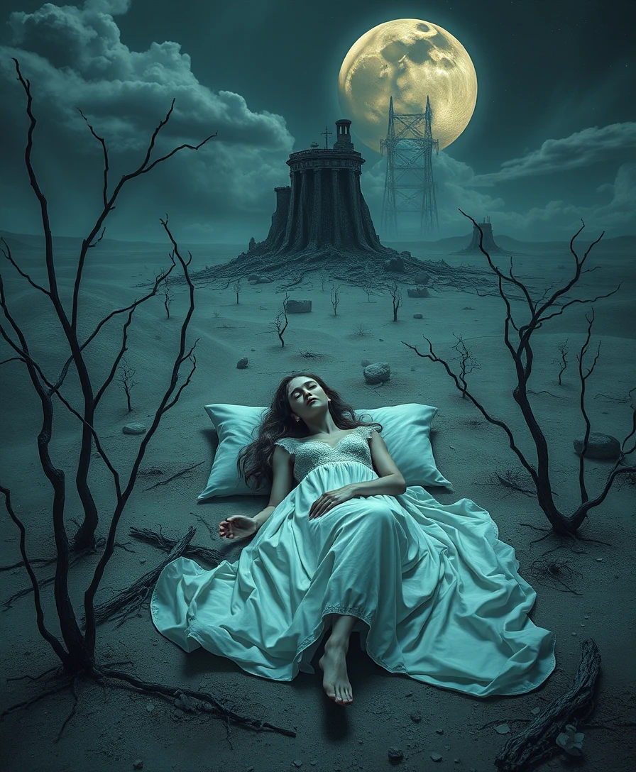 Dream girl resting in a desolate surreal fantasy landscape