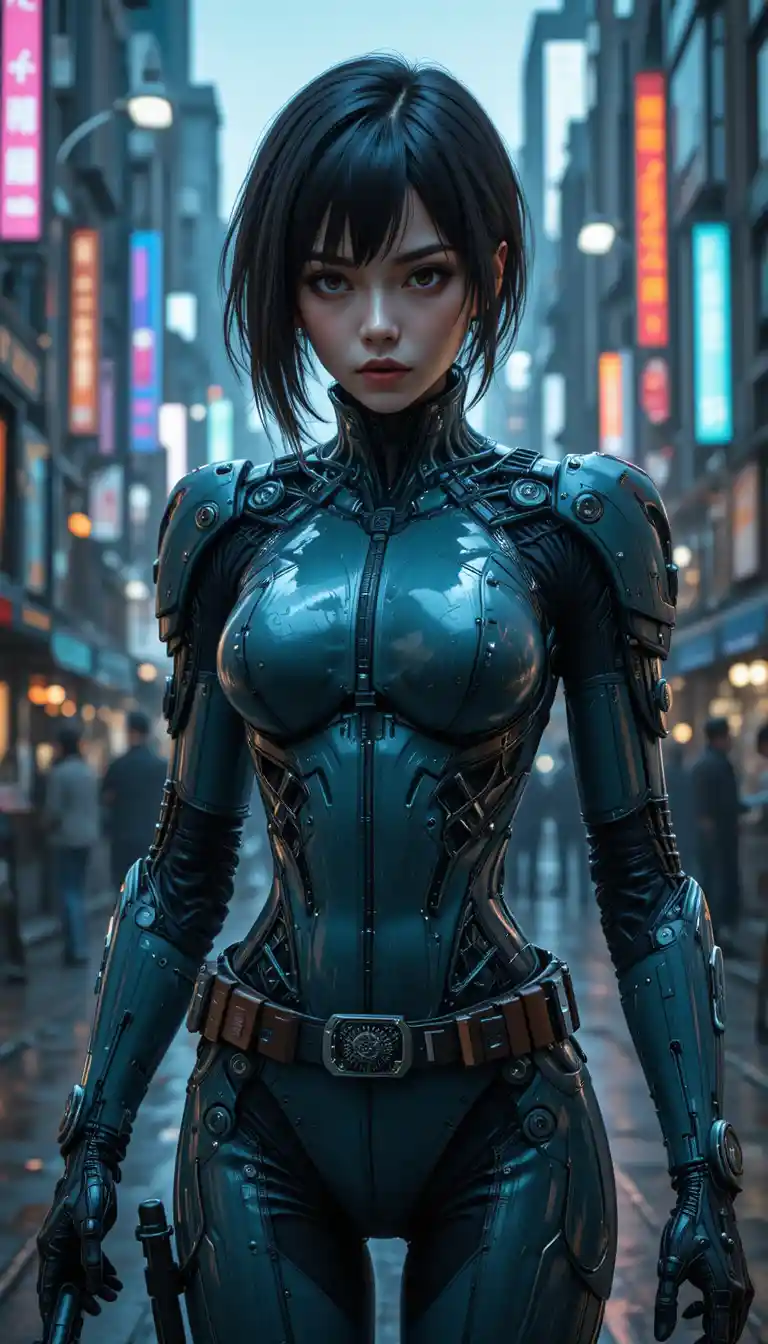 Cybernetic woman in futuristic Newport anti terror cityscape