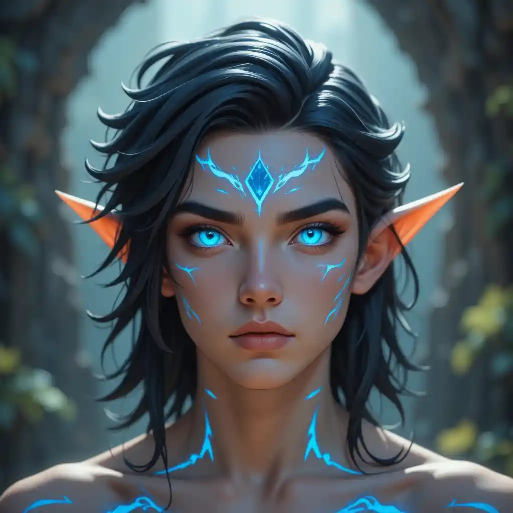 Joven mago de fantasía con ojos azules brillantes y cabello oscuro