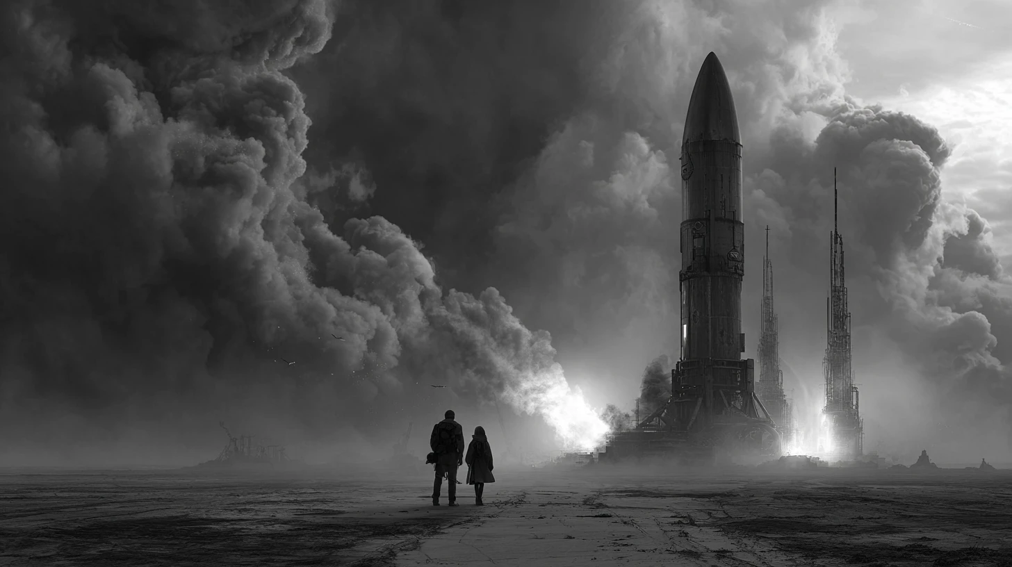 Woman and father in desolate earth as rockets escape