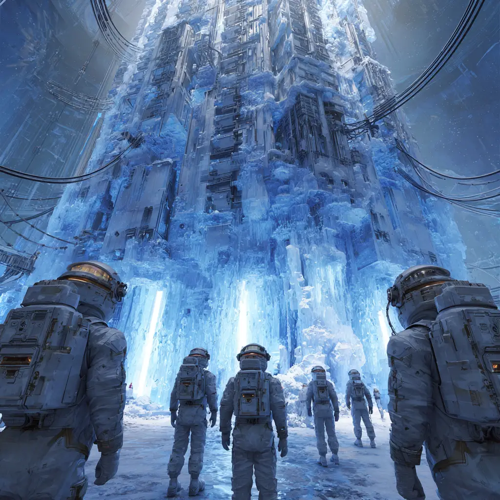 Pilgrims Linked To A Frozen Server Tower In Blue Light