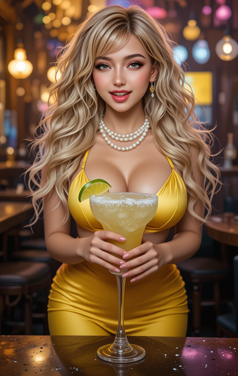 Glamorous blonde woman with margarita in Mexican restaurant