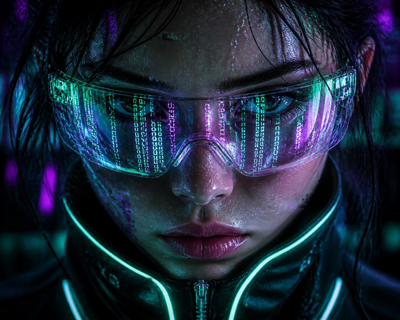 Girl in neon tech glasses with glowing binary reflections