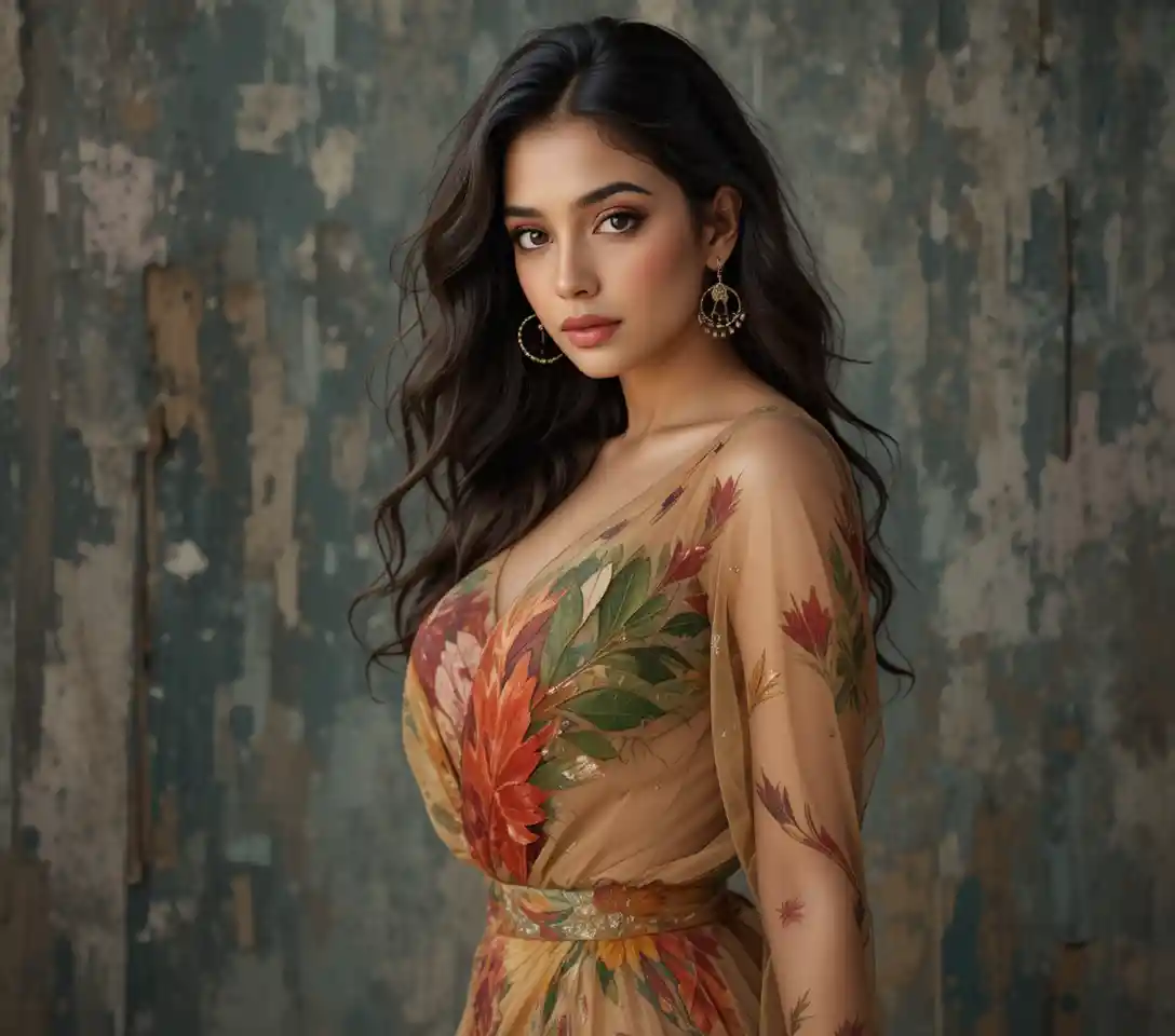 Beautiful Indian woman posing in a modern sheer dress