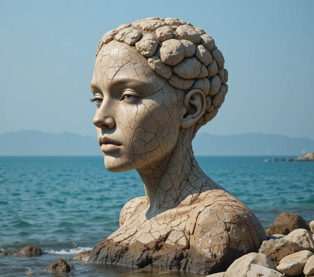 Human profile rock formation facing the calm turquoise sea