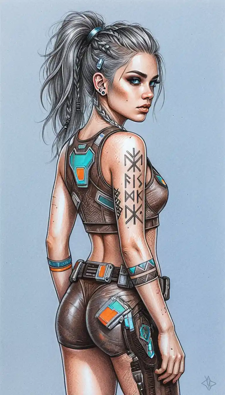 Cyberpunk warrior woman in colored pencil full body view