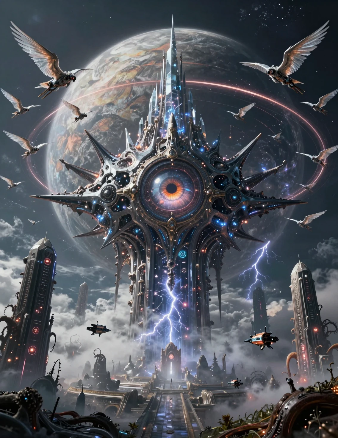 Bio mechanical cathedral drifting in a stormy gas giant sky