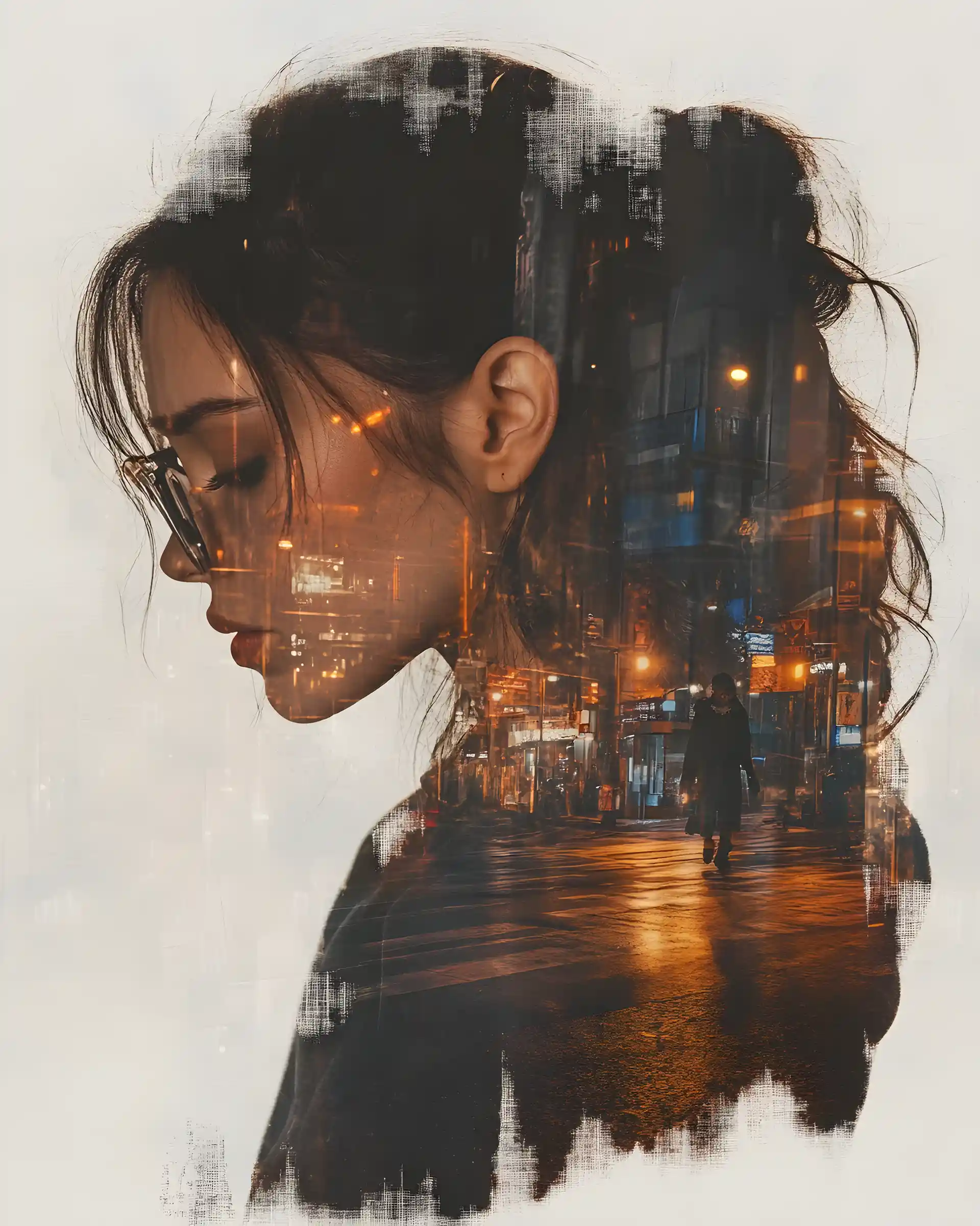 Double exposure portrait of a woman in thoughtful profile