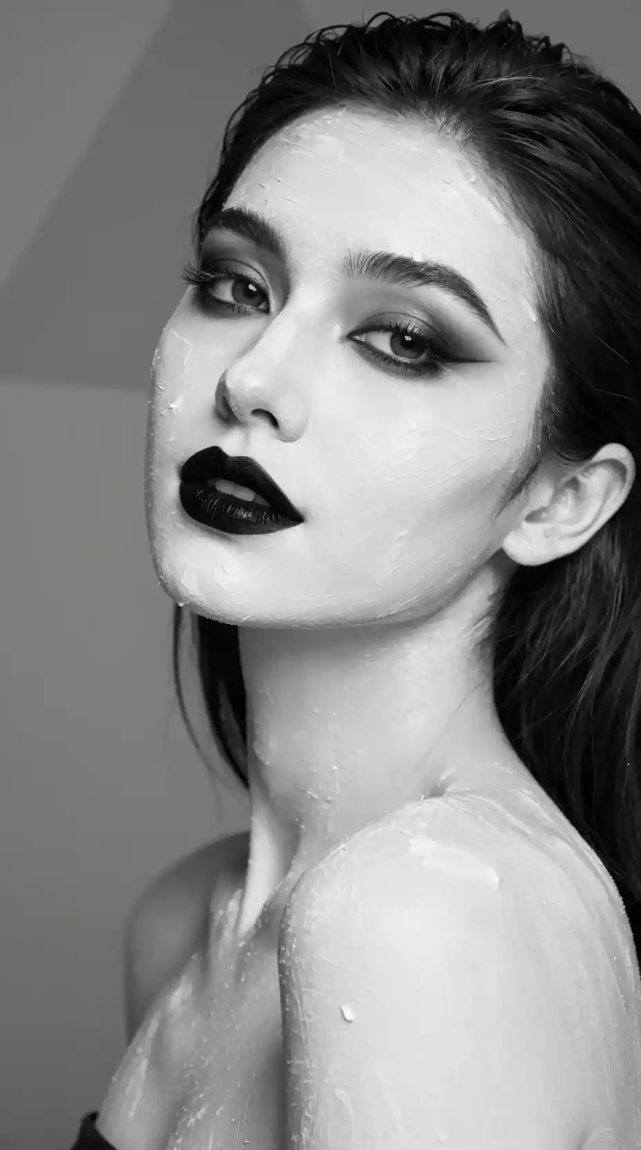 Black and white portrait of a woman with painted skin