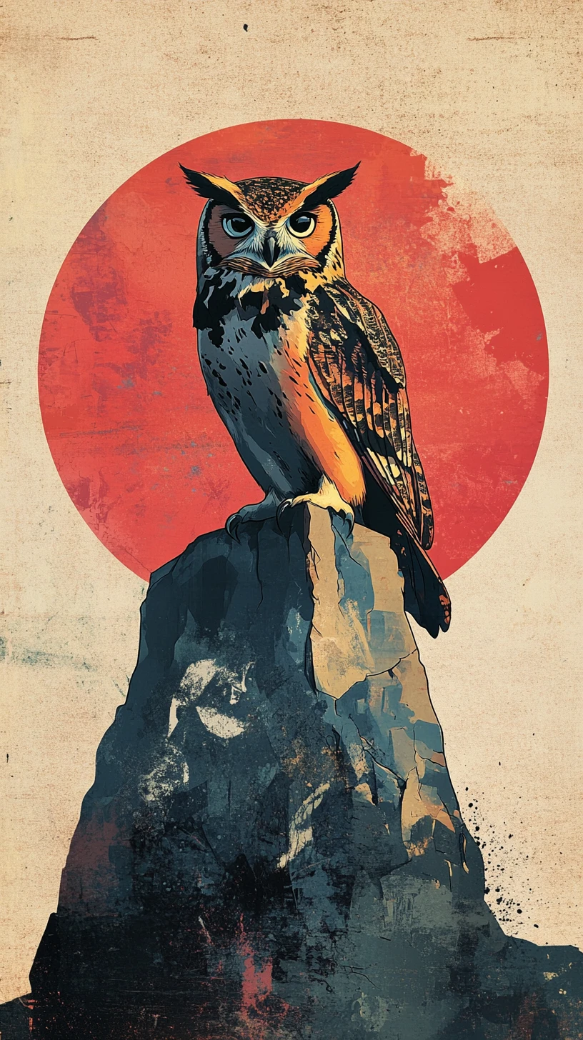 Stylized owl on rock in bold graphic illustration