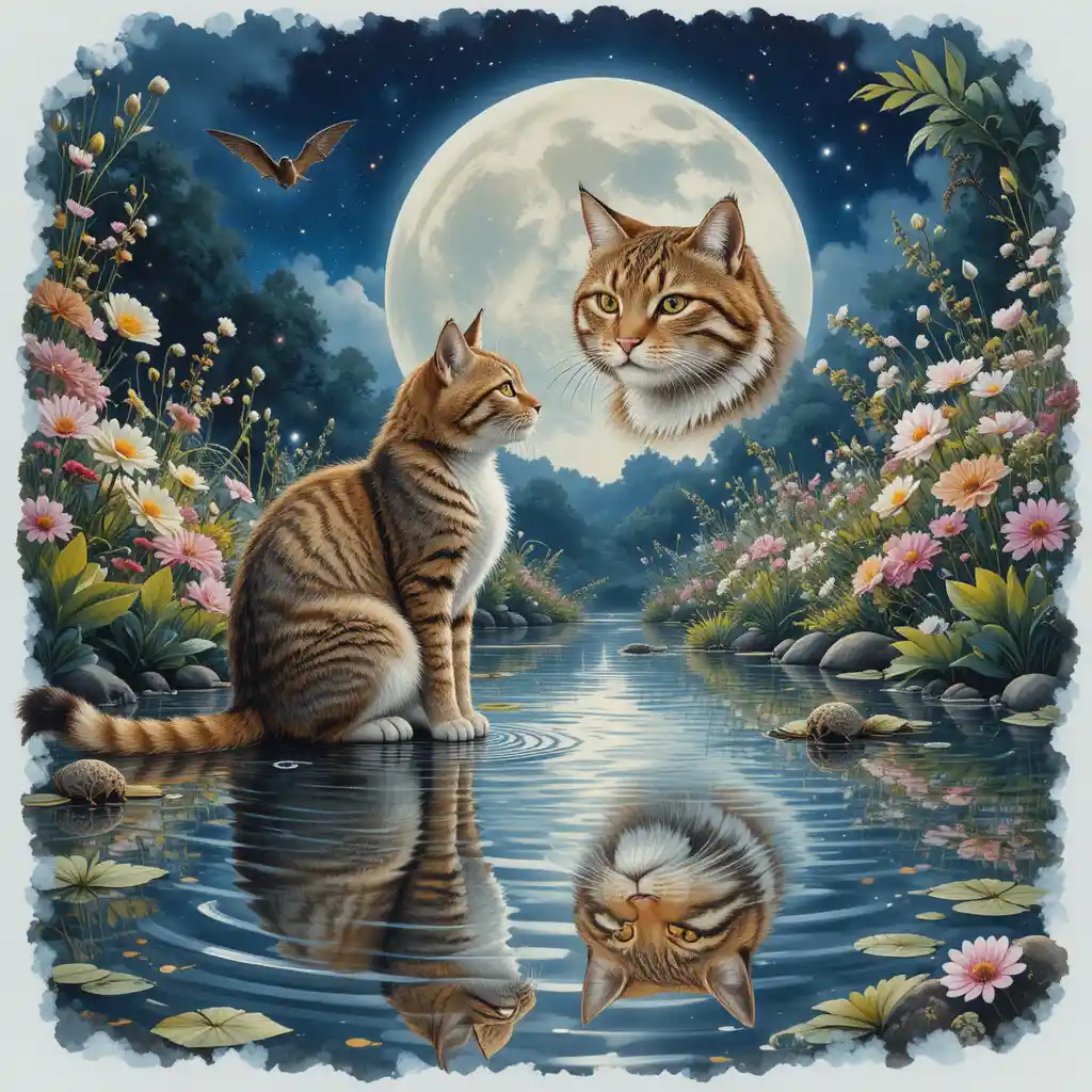 Tabby Cat At Garden Pond Under A Magical Night Sky