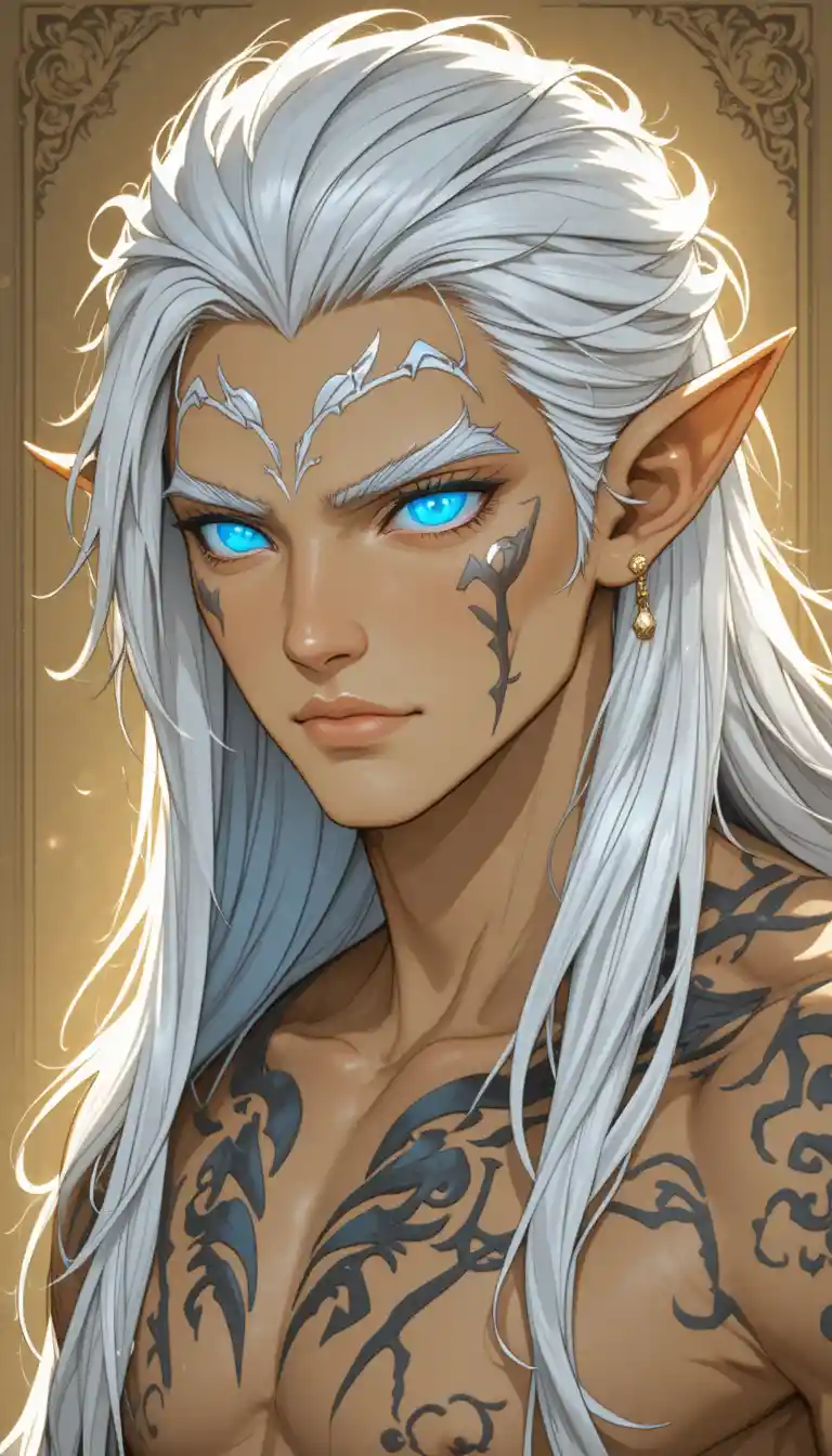 Elegant fantasy man with white hair and glowing blue eyes