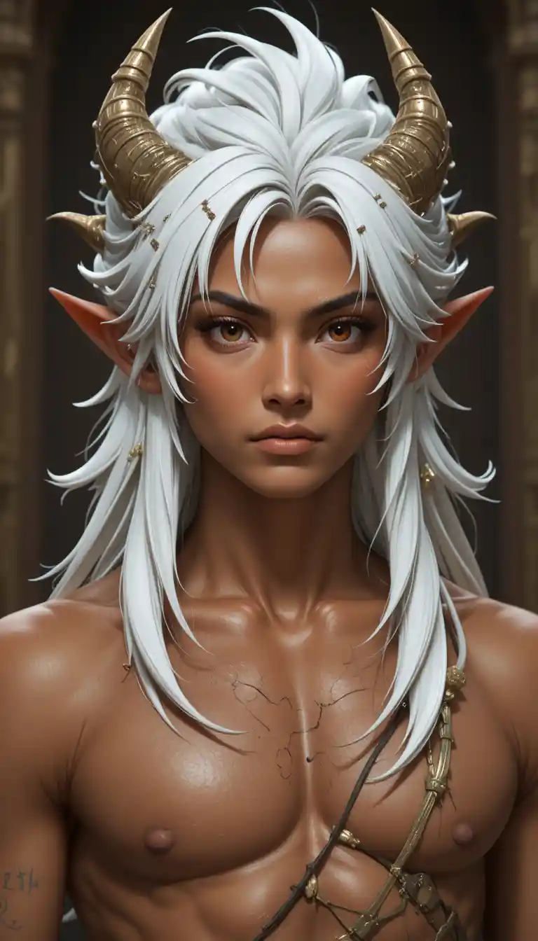 Uomo fantasy con capelli bianchi e corna di cervo nel mondo di Wakfu