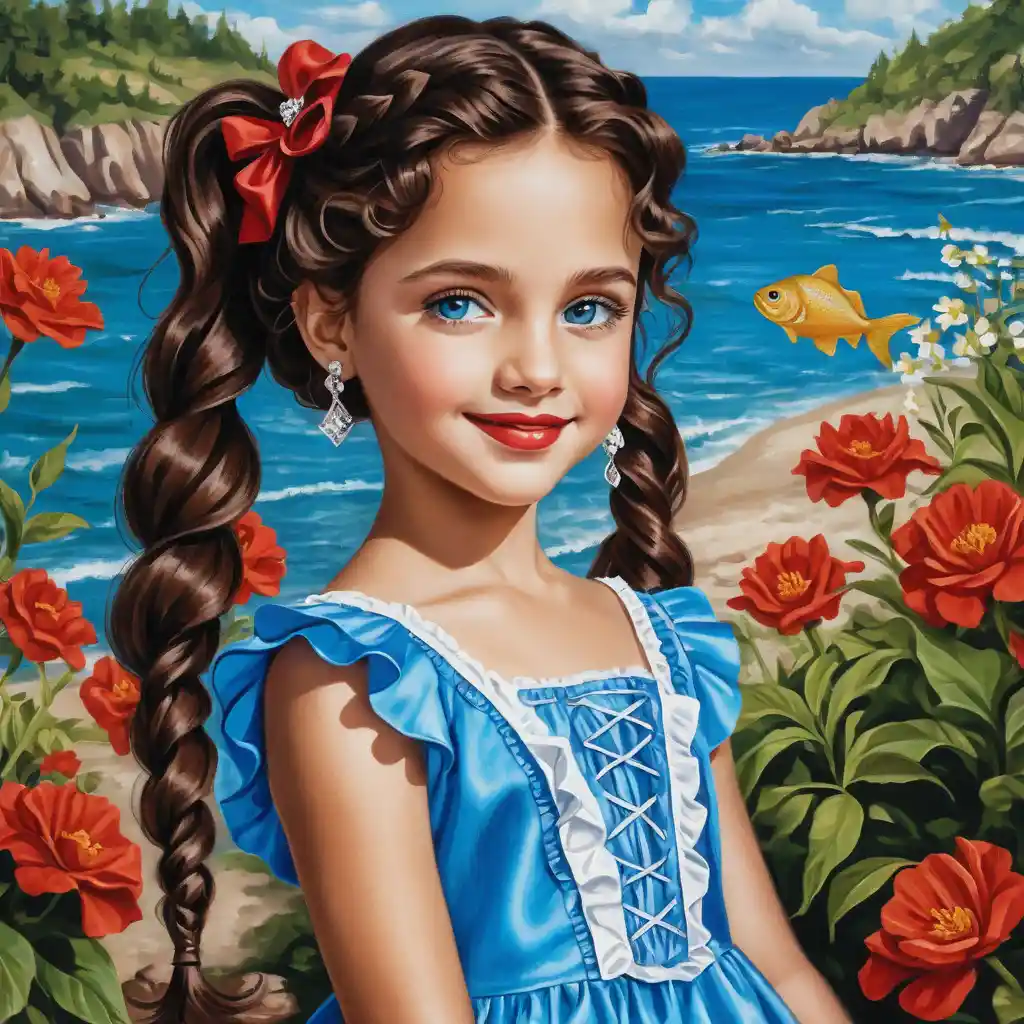 Smiling curly haired girl in a ruffled summer dress