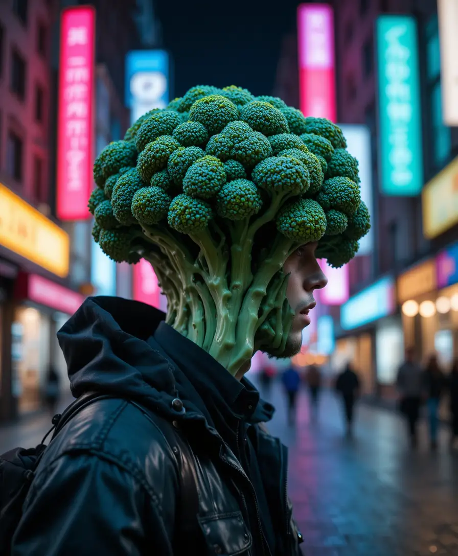 Surreal man with broccoli head in neon lit city night