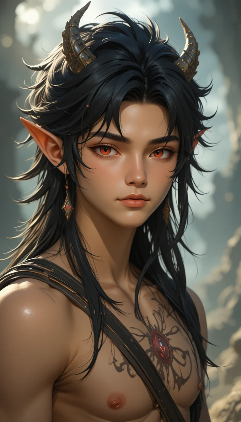 Half elf half demon man with dark hair and horns