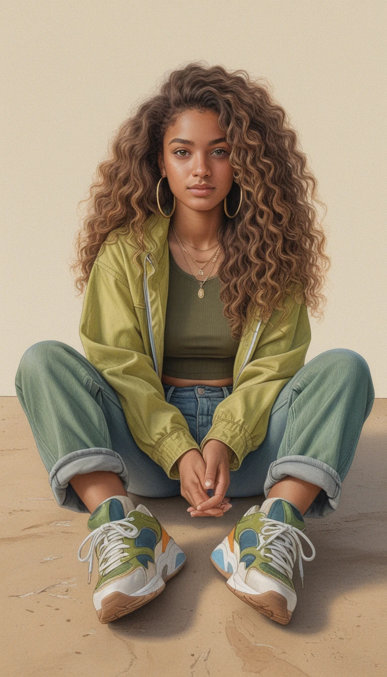 Confident woman seated in wide pose with curly hair