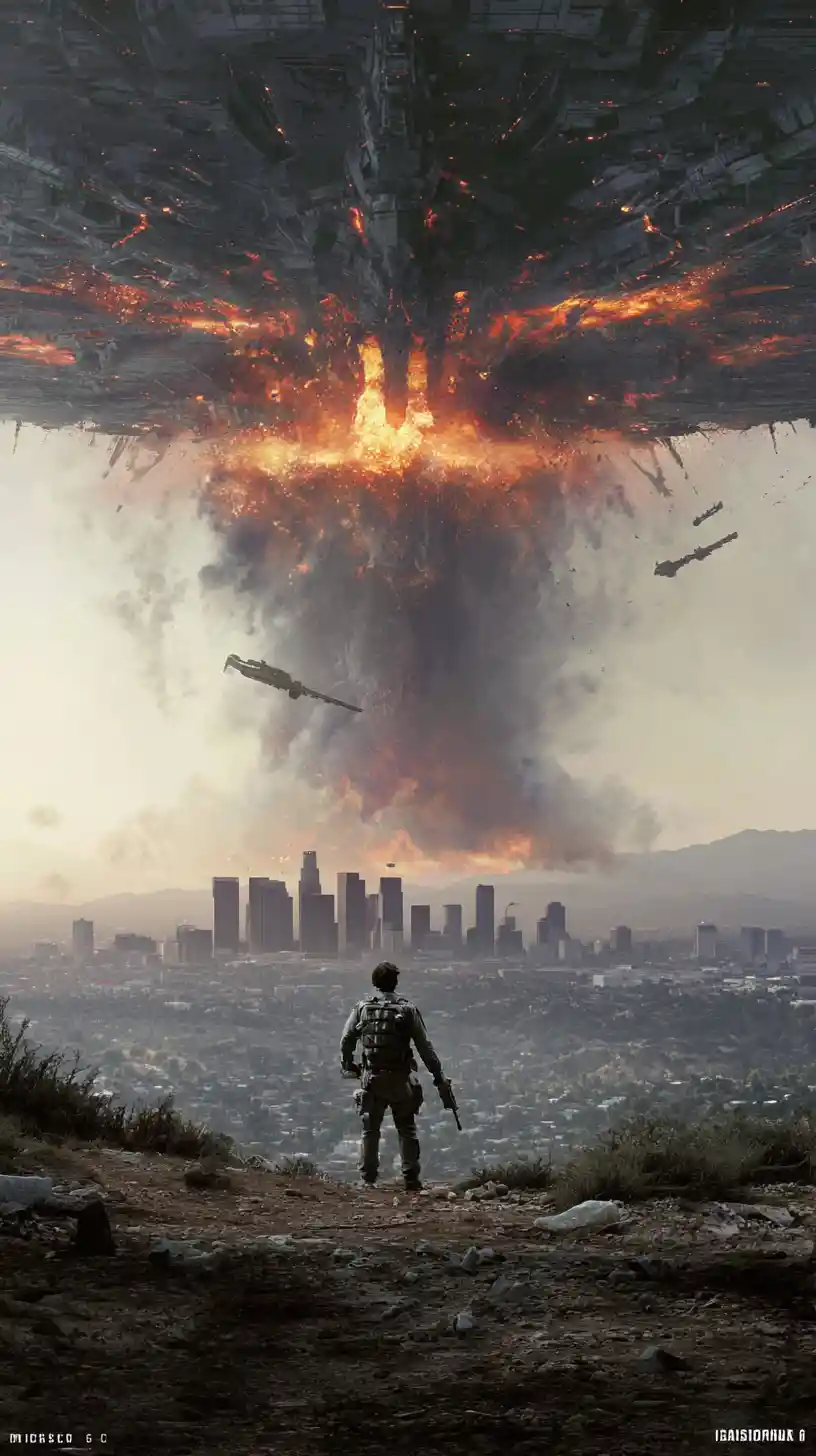Warrior woman in ruined Los Angeles after nuclear explosion