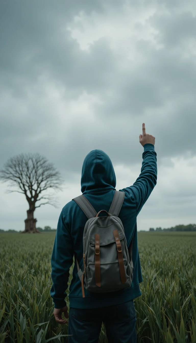 Man In Hoodie Pointing At Clouds Over Green Wheat Field