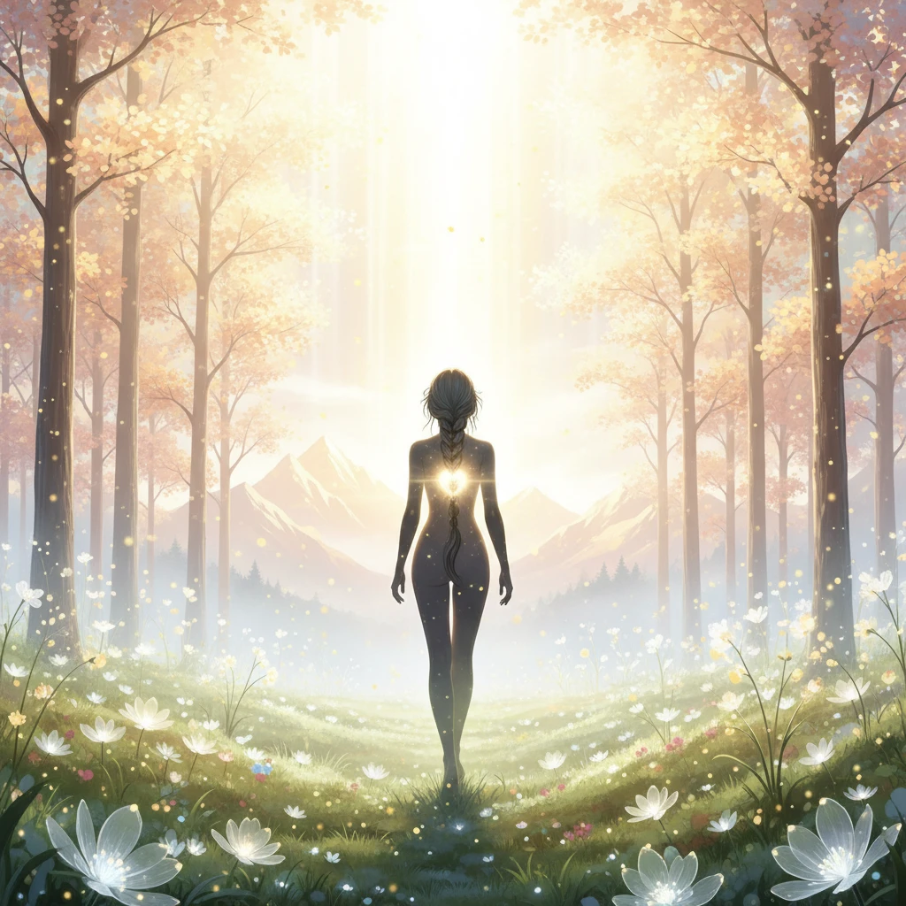 Ethereal female soul walking toward radiant celestial light