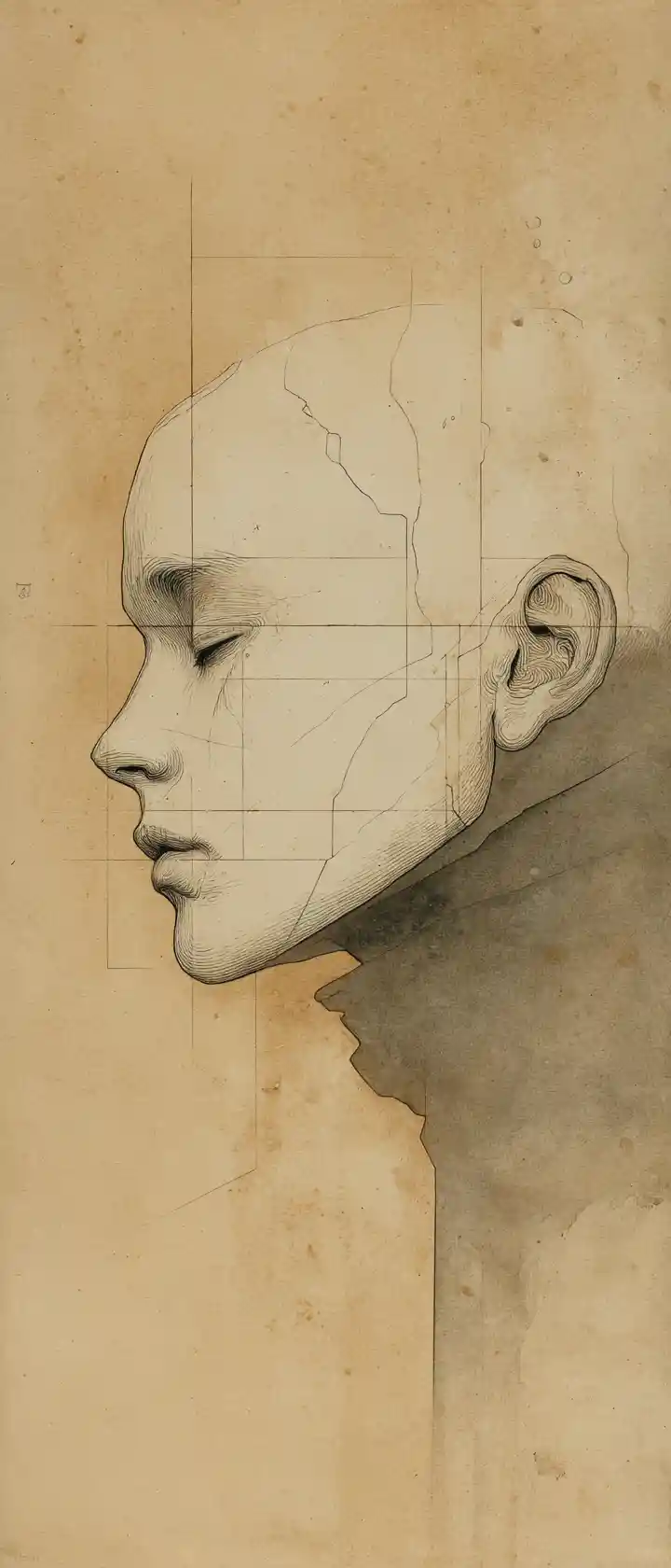 Surreal profile portrait of a sleeping person with exposed skull schematics
