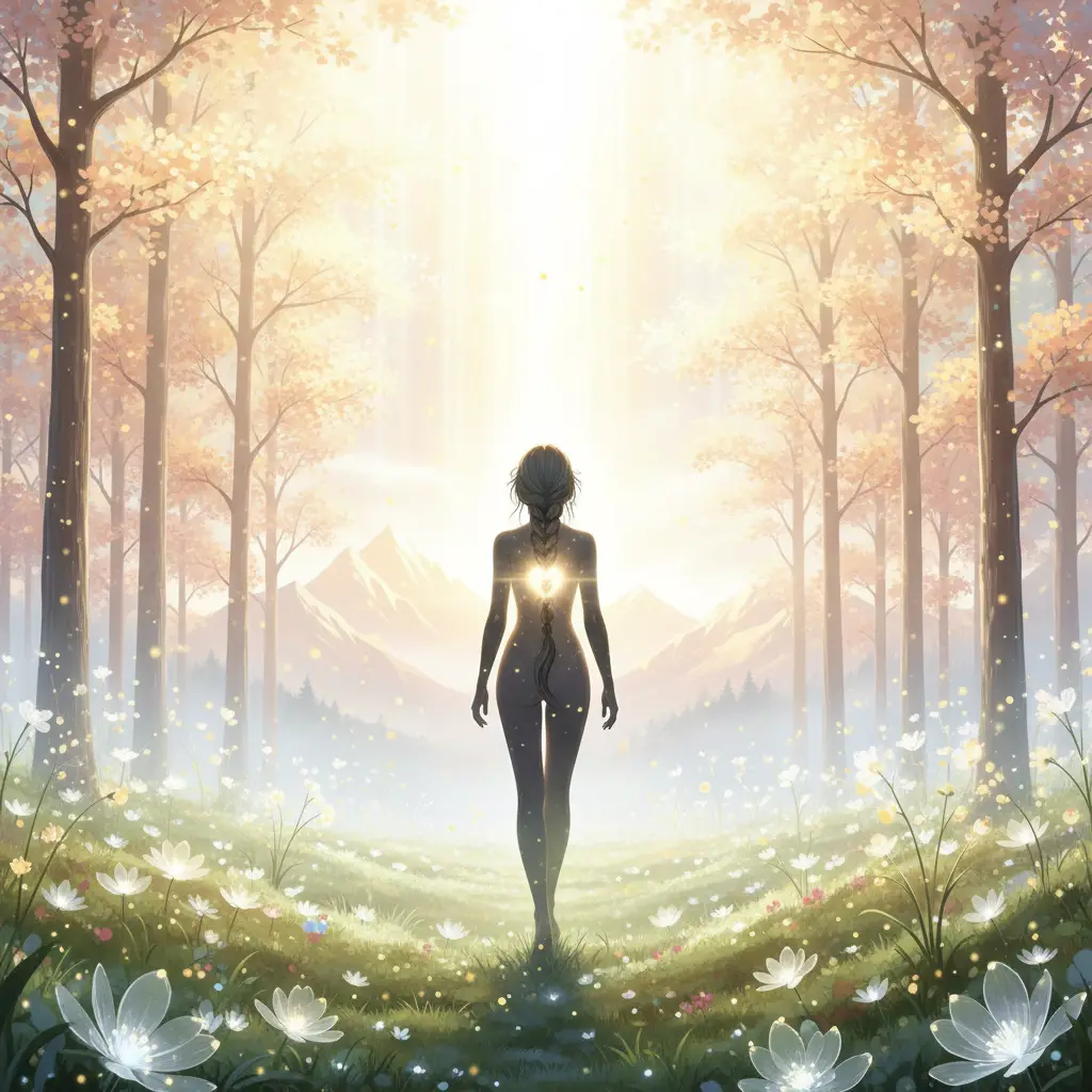 Ethereal female soul walking toward radiant celestial light