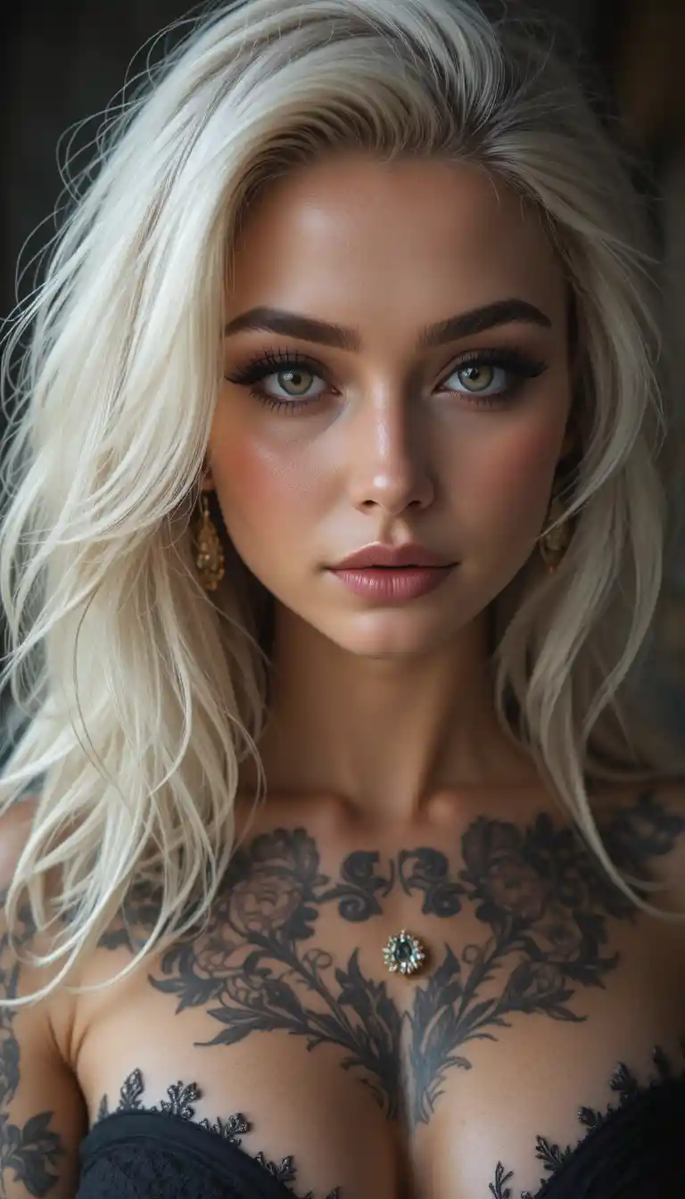 Glamorous 50 year old woman with ash hair and tattoos