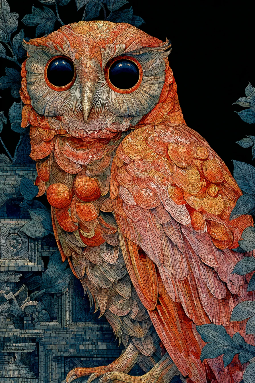 Surreal owl made of oranges with shining onyx eyes