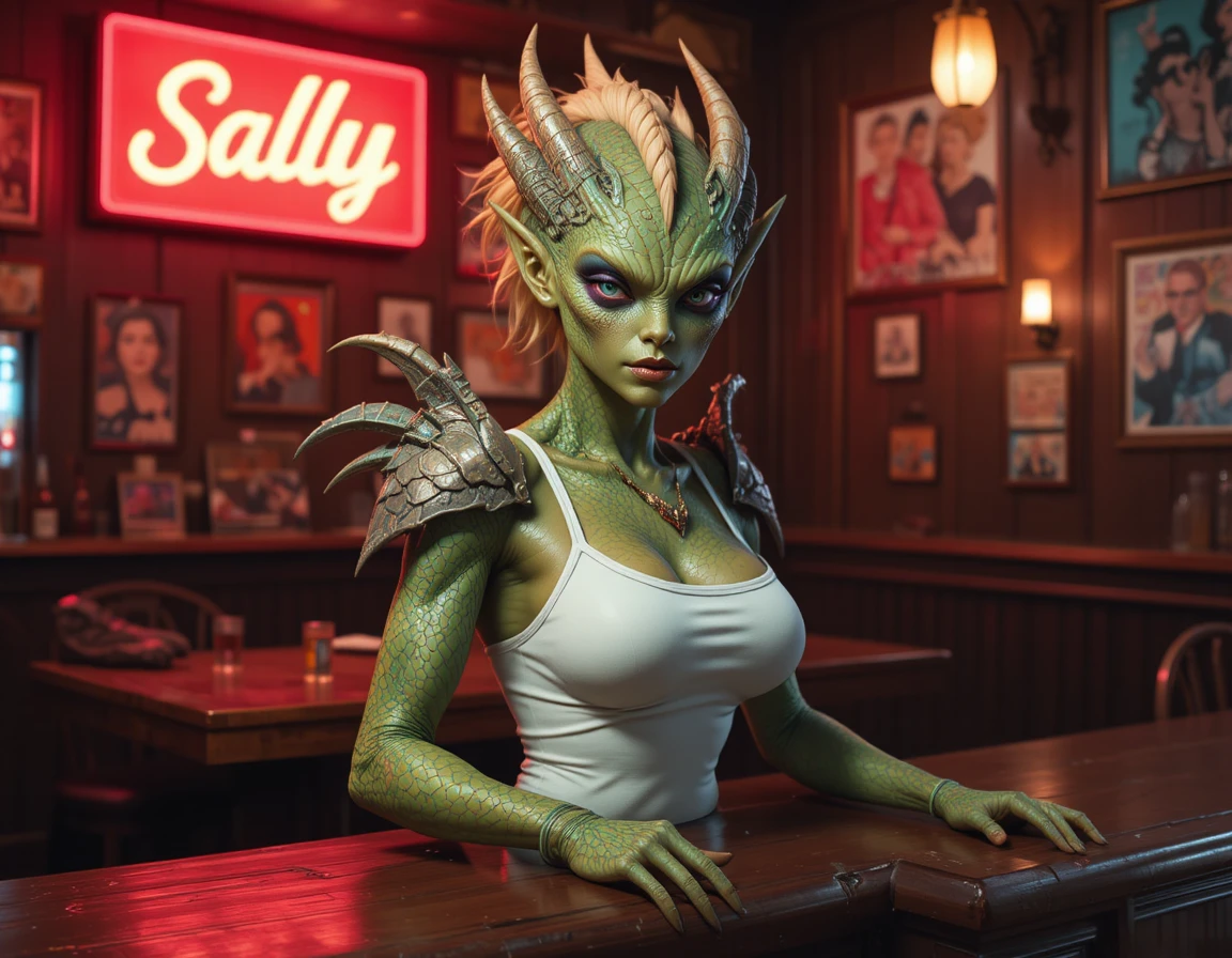 Seductive dragon woman leaning over a bar counter