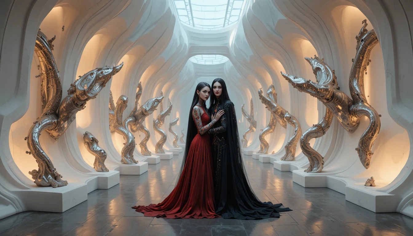 Futuristic gallery with abstract metal sculptures and couple