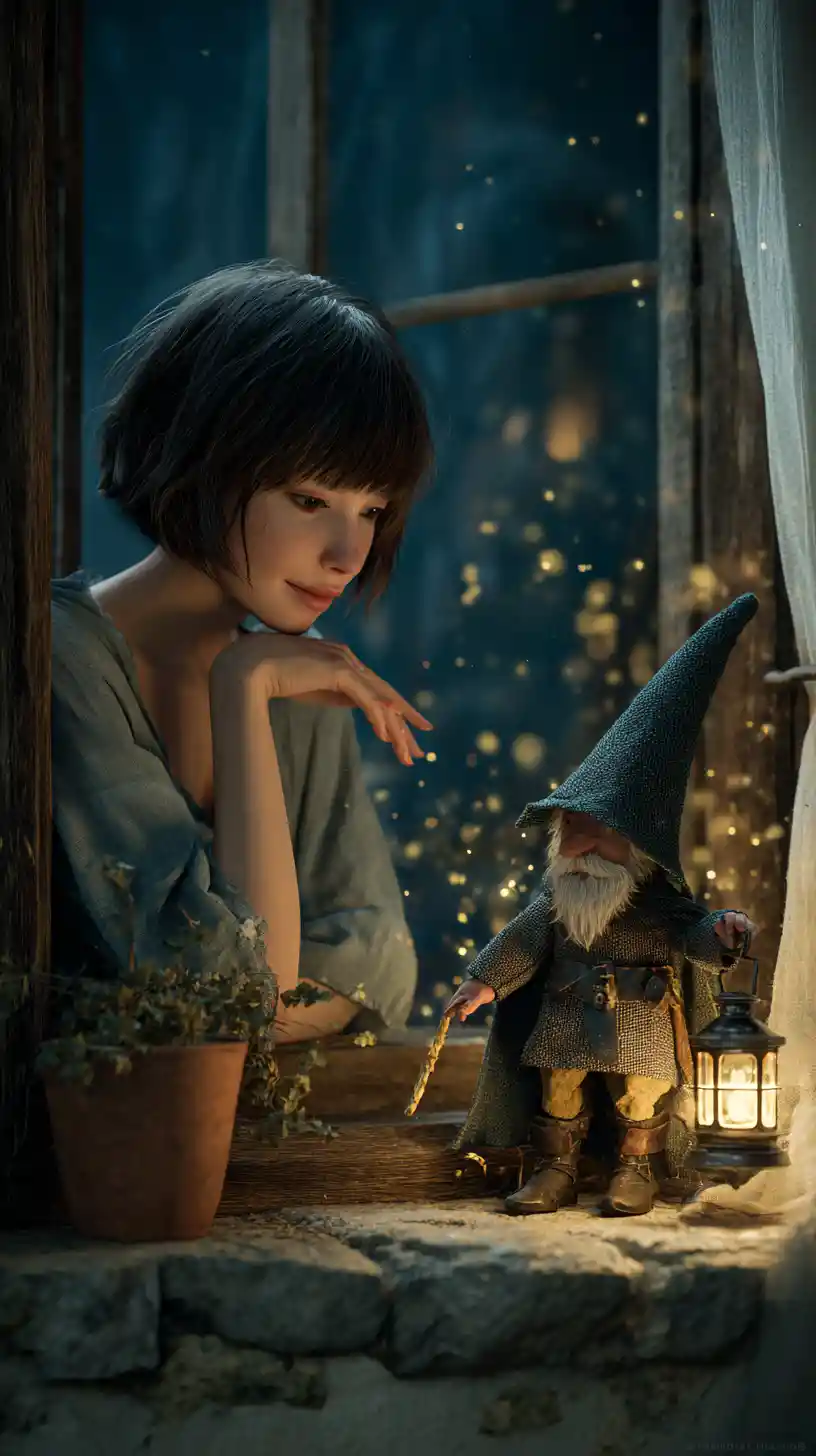Young woman at stone window with tiny lantern gnome