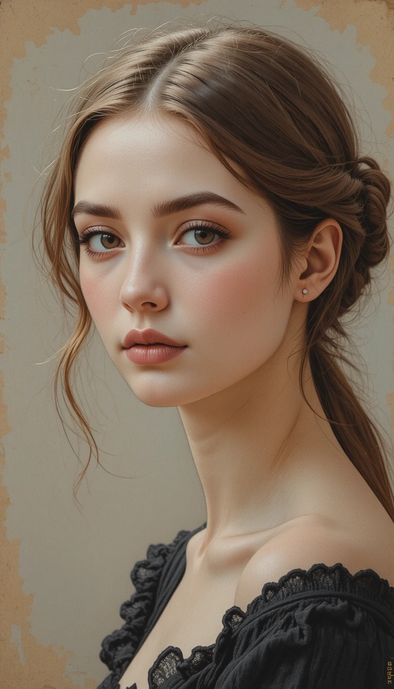 Portrait au fusain et pastel d’une jeune femme pensive