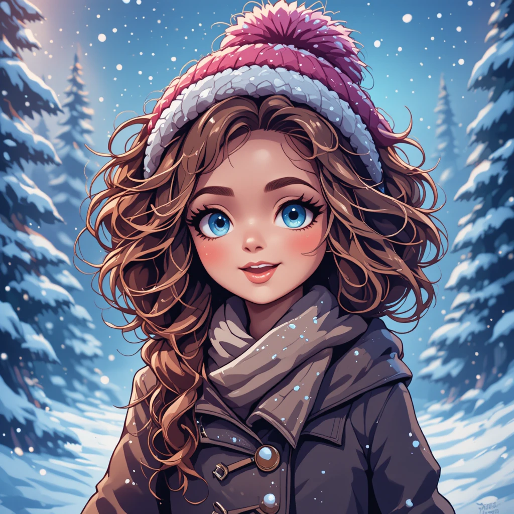 Cute anime girl in pink winter hat in snowy forest