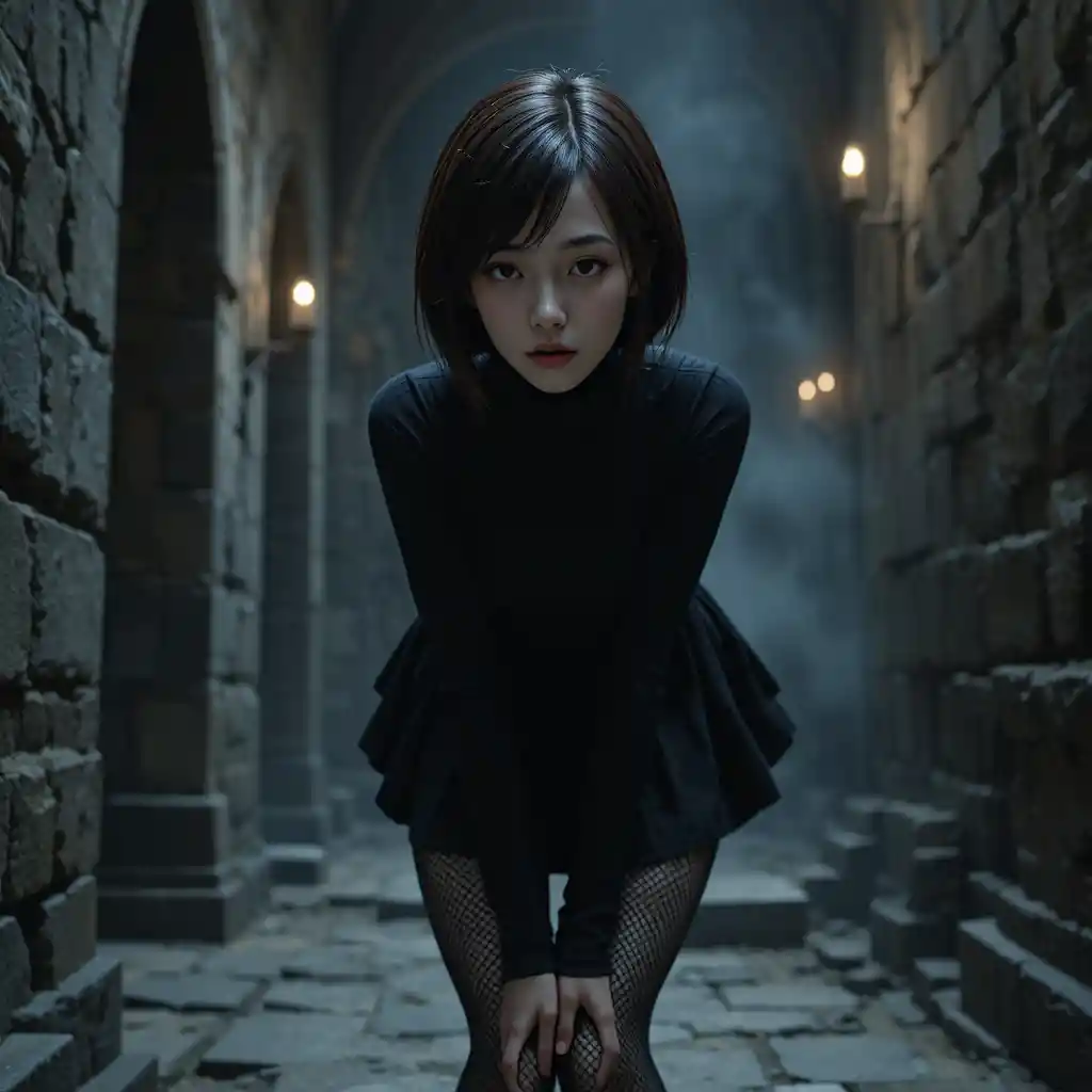 Vampiric woman in a gothic castle hallway